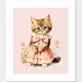 Pretty Kitty Vintage Cat Pink Bow Posters and Art